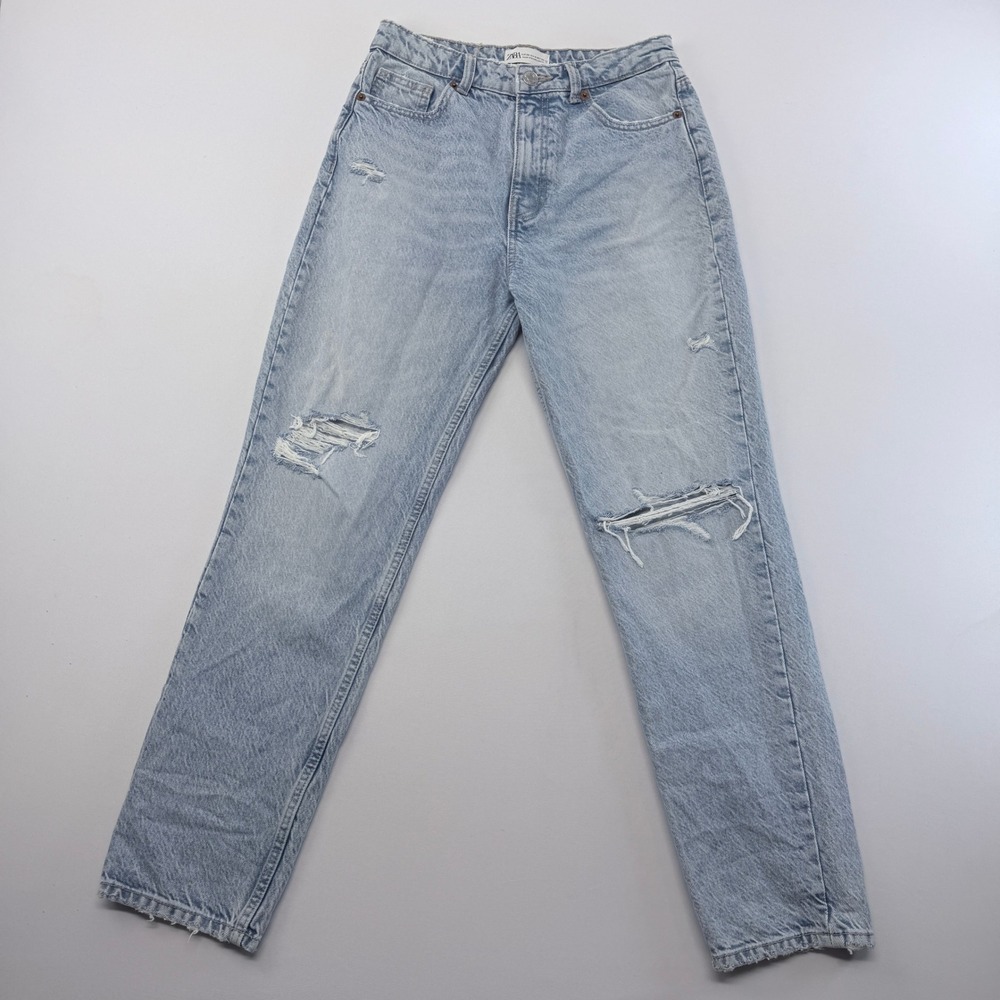 Zara High Waisted Distressed Straight Leg Jeans Light Wash Blue Size 4 26